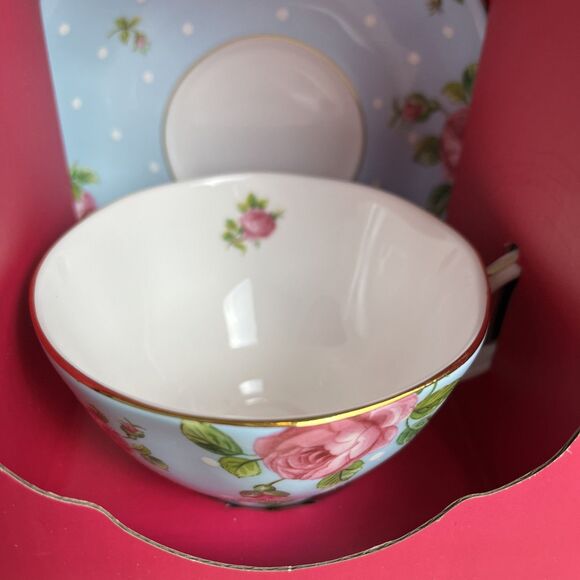 Royal Albert Pink Rose Polka Blue Teacup & Saucer Set‎ New in Box - Picture 2 of 6